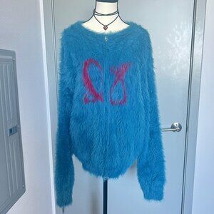 Faux fur fuzzy furry peacock blue sweater zip up cardigan